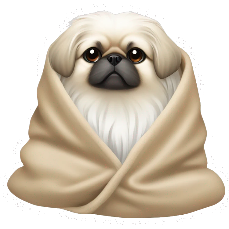White Pekingese cozy in beige blanket emoji