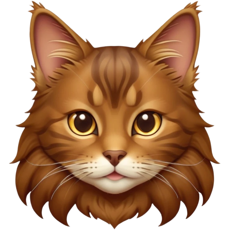 cinematic-cute brown-maine-coon-cat-portrait-emoji,-head-tilted-playfully-and-inquisitively,-sleek--brown-and-gold-tones-with-hints-of-deep-auburn-fur,-simplified-yet-adorable-features,-highly-detailed,-glowing-with-a-warm,-friendly-glow  emoji