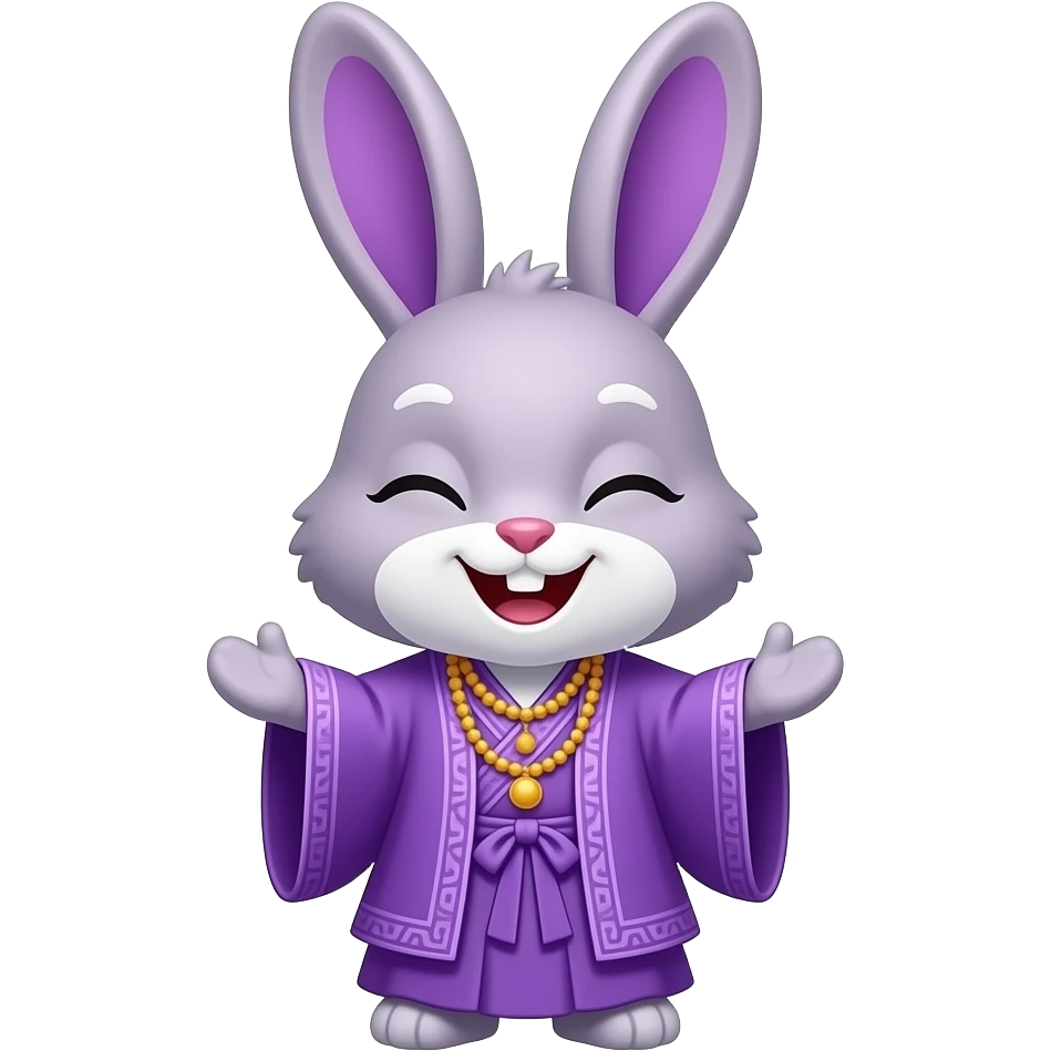 A bunny wearing spiritual clothes purple violet in color looking very happy smiling with eyes closed, looking super relaxed emoji