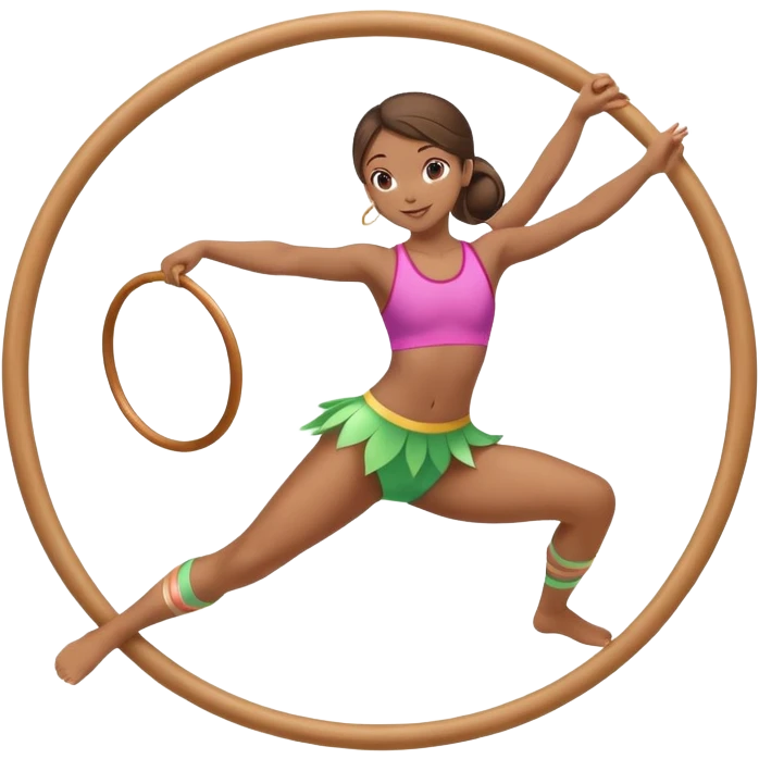 An energetic gymnast performing aerobics with a hula hoop. The gymnast is spinning the hoop around their waist in an elegant pose. The background is a lively fitness studio with colorful lights and an active atmosphere, showcasing movement and grace. emoji
