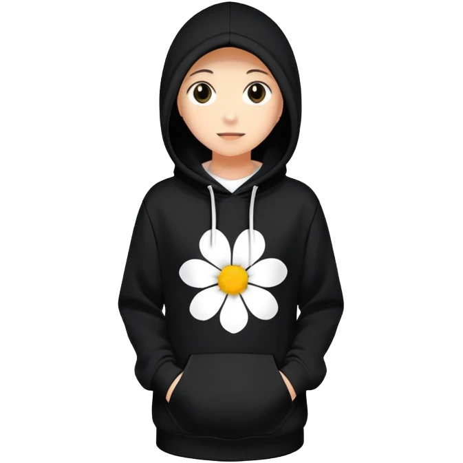 The BLACK Hoodie has a solid black base, accented with distinctive white open flower spots. Each flower has an empty space in the center, creating a hollow, ring-like appearance. These patterns are scattered across the hoodie for a bold and unique design. emoji