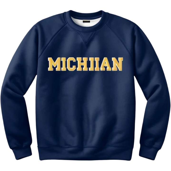 Only Crewneck sweat shirt with embroidered word “Michigan” in varsity font emoji