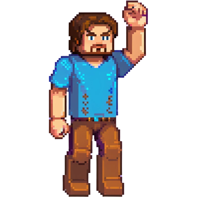 Jack Black as Minecraft Steve in mining pose with arm raised, blocky character with brown hair, blue shirt, and purple pants emoji