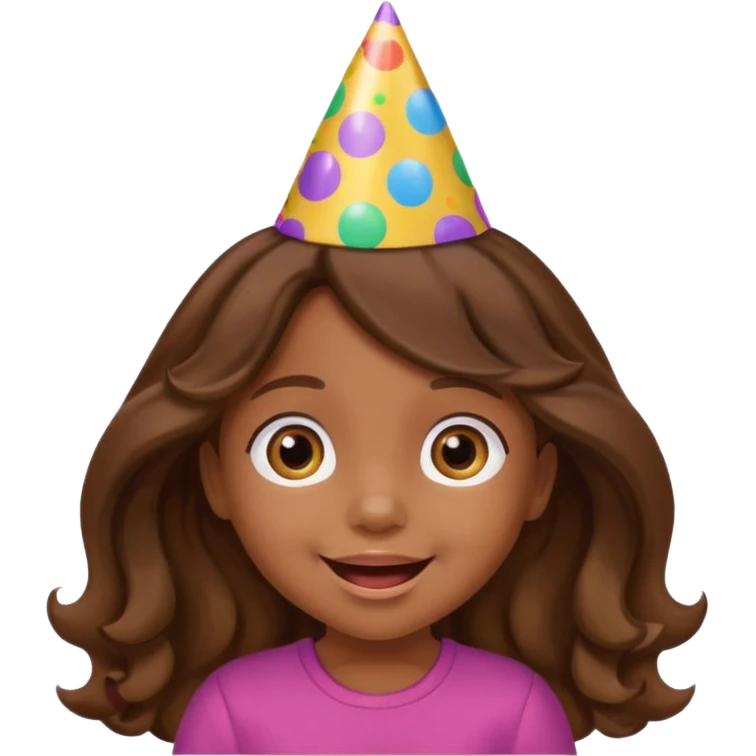 a little girl with brown long wavy hair with birthday hat, supprising















 emoji