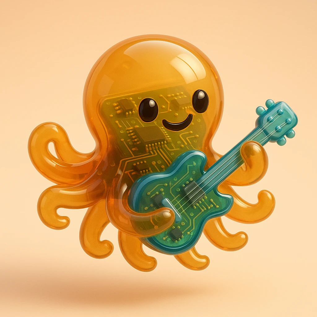 happy octopus with multiple arms playing guitar emoji