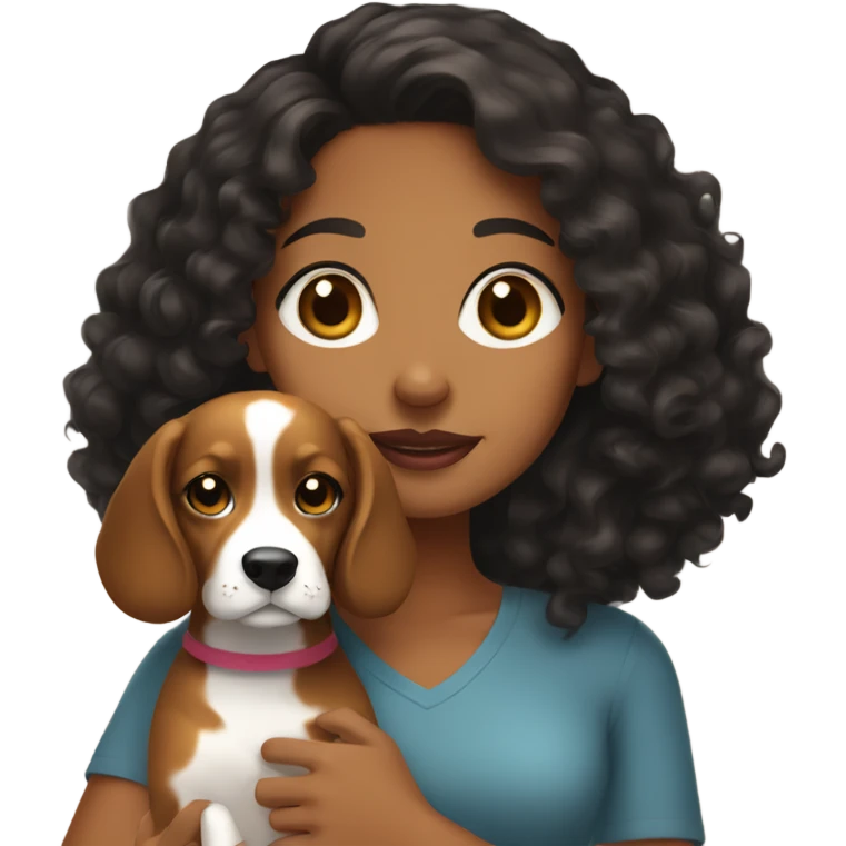 a brown girl with black curly hair holding a beagle emoji