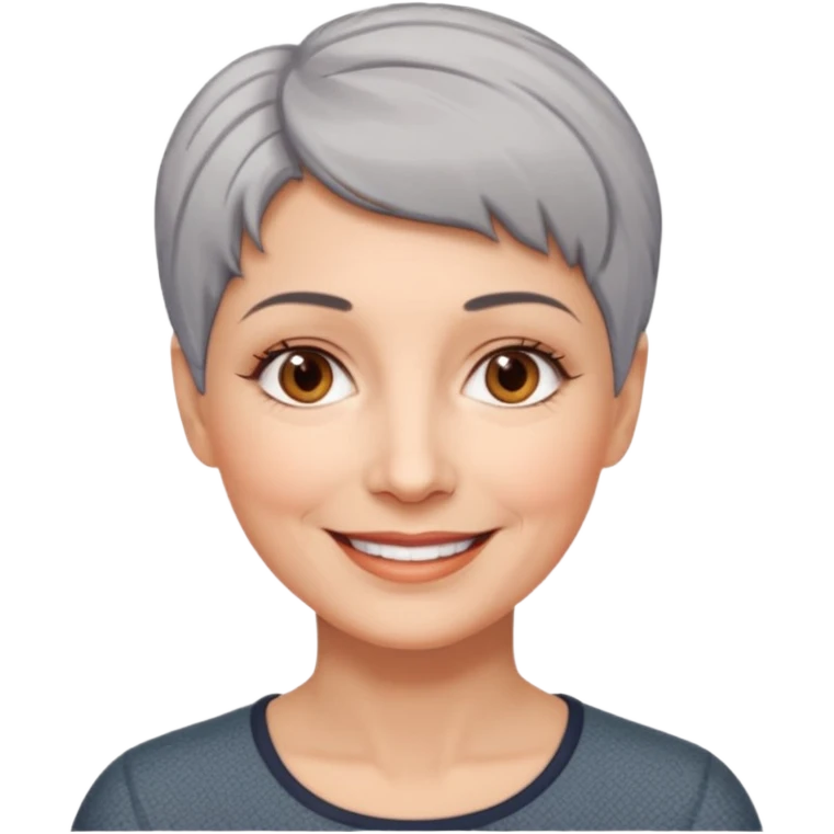 woman 50 years old, very short grey hair brown eyes smile emoji