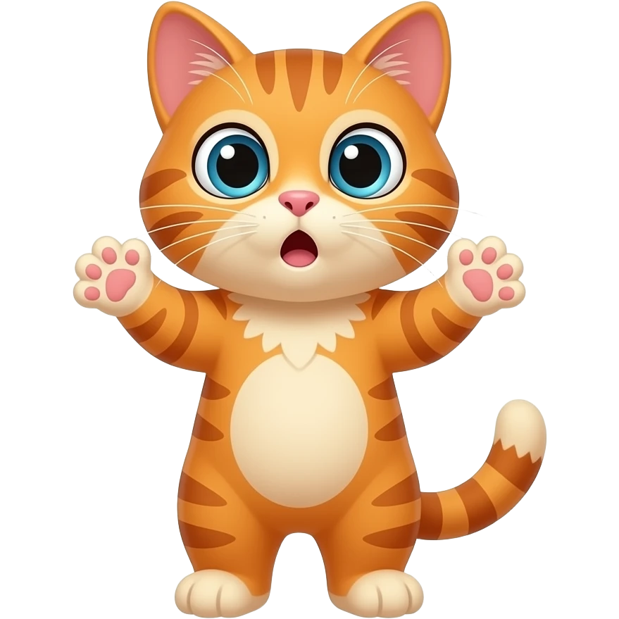 An orange cat standing upright, with hands and arms like a little person, looking very surprised. emoji