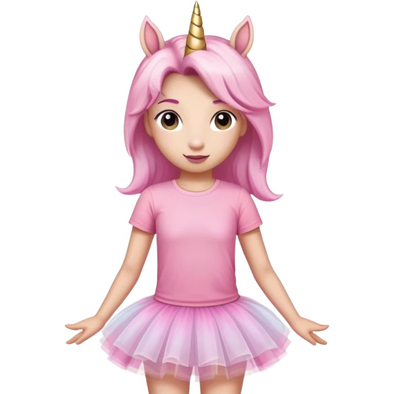 head and shoulders portrait of an anthropomorphised female unicorn in tutu and pink t-shirt, standard pose emoji