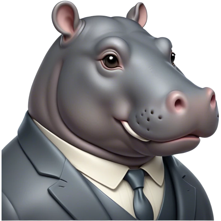 Cinematic Noble Hippo Portrait Emoji, Poised and regal, with a massive, robust build and a smooth, well-groomed slate-gray hide, deep-set soulful eyes, Simplified yet sharp and sophisticated features, highly detailed, glowing with a soft, dignified glow, high shine, intelligent and calm, stylized with an air of riverine majesty, focused and attentive, soft glowing outline, capturing the essence of a watchful and confident water-dweller, so majestic it feels as though it could lumber out of the screen with effortless authority! emoji