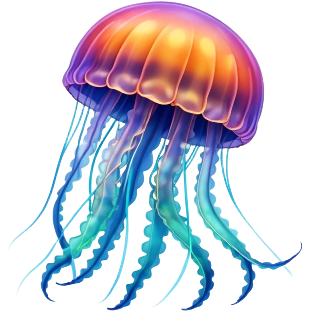 A jellyfish in multicolored hues drifts through the sea, glowing like a living rainbow emoji