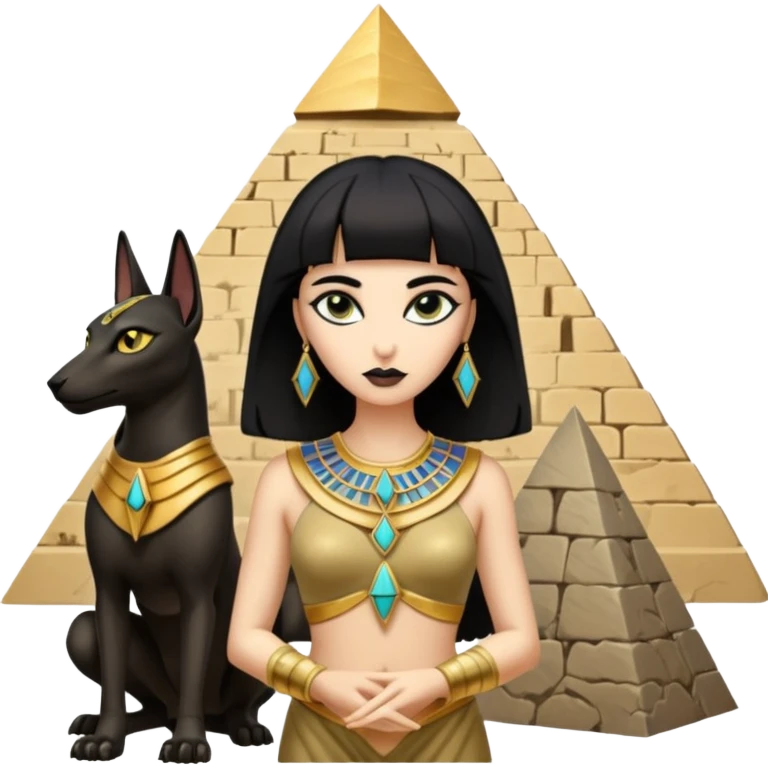 Kindly alien Elisabeth Taylor cleopatra Protecting spell silky black-haired tiny statuette scale feral Anubis and pyramid scenery stone-age cracked irregular dwelling  emoji