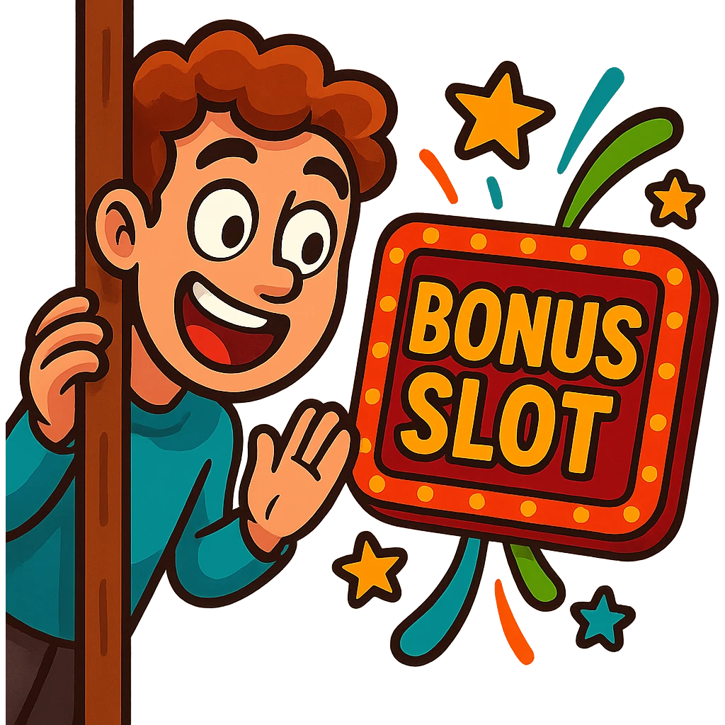 a person peeking around a corner, excited for a bonus slot, cartoon style, vibrant colors emoji