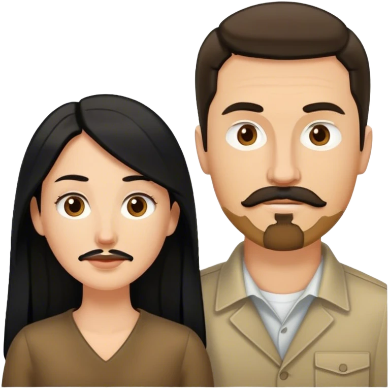 couple, a white woman with long black hair, and a white man with short brown hair goatee mustache emoji