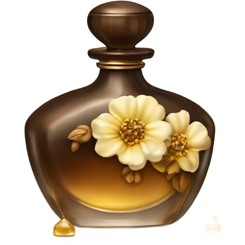 An antique perfume bottle with oil made of bronze and brown crystals, from which white cream and coffee milk flow, yellow flowers of fragrant vanilla lie next to it emoji