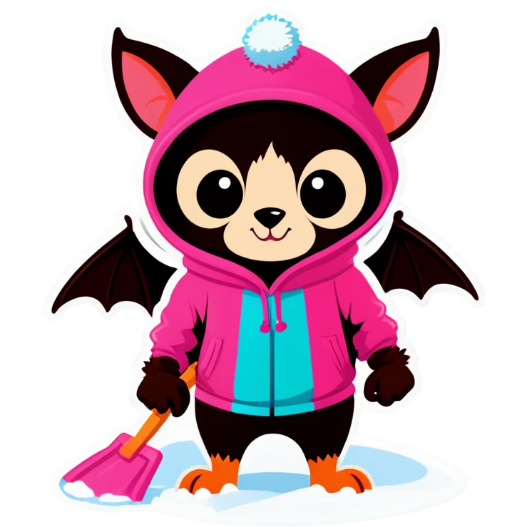 Fruit bat wearing a pink hoodie and pink beanie with Pom Pom shoveling snow  emoji