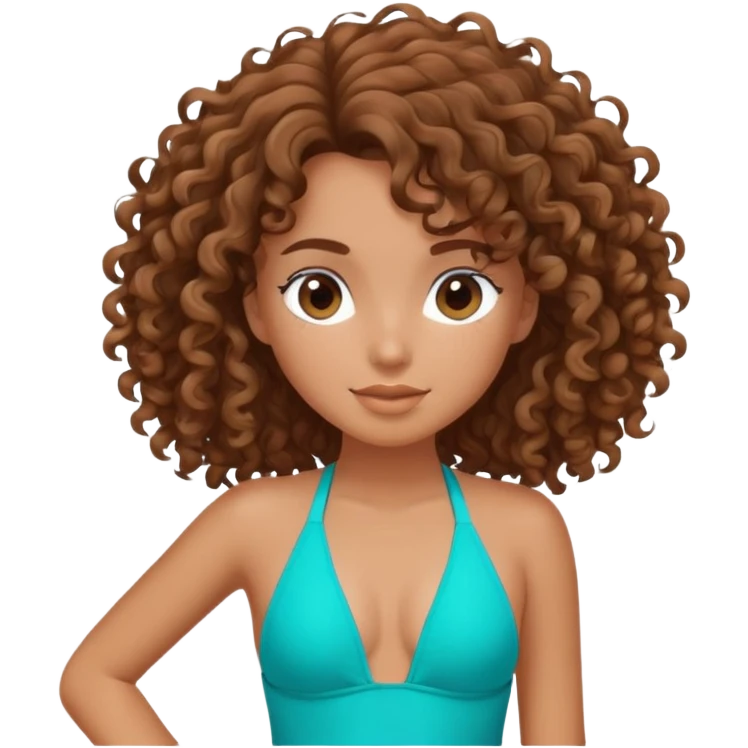 Beach girl with curly brown hair with a nice tan wearing a turquoise swimsuit emoji