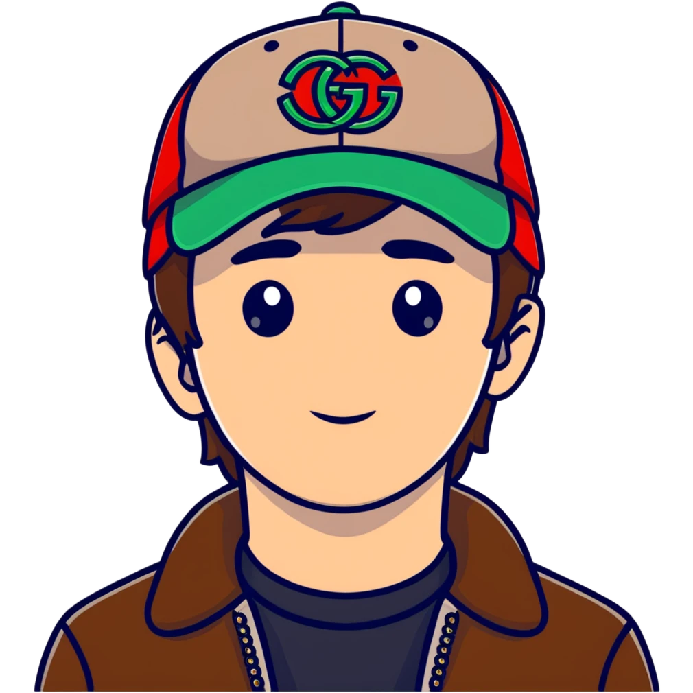 man with medium-length brown hair, Gucci cap emoji