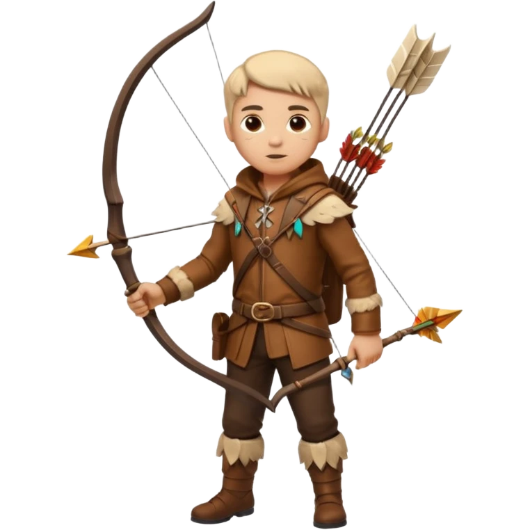 The classic hunter figure with a bow and arrow on his back, dressed in brown clothes and adorned with animal decorations emoji