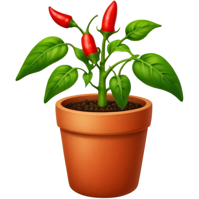 Potted green pepper plant with small red peppers growing on it emoji