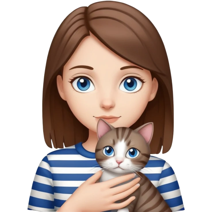 White girl with blue eyes and brown hair holding gray striped cat emoji