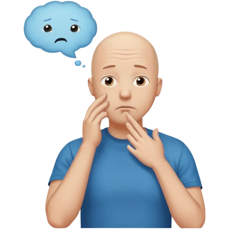 bald man with t-shirt, doubting face, hand on chin looking up, thought bubble emoji