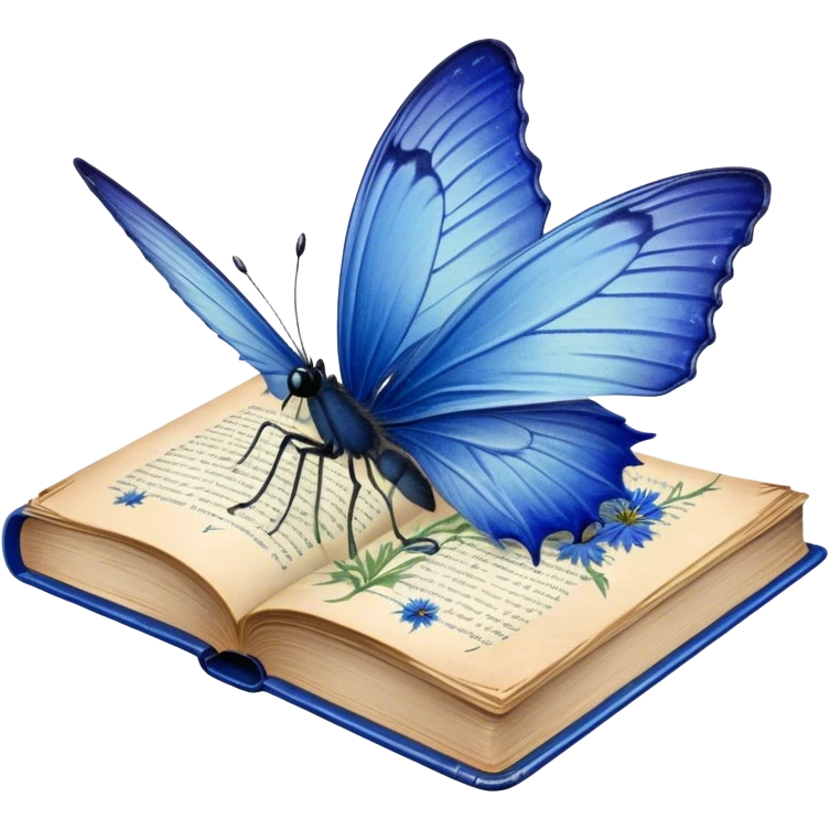 A vintage book with a worn blue cover, open to reveal pressed blue cornflowers and a resting green butterfly. emoji