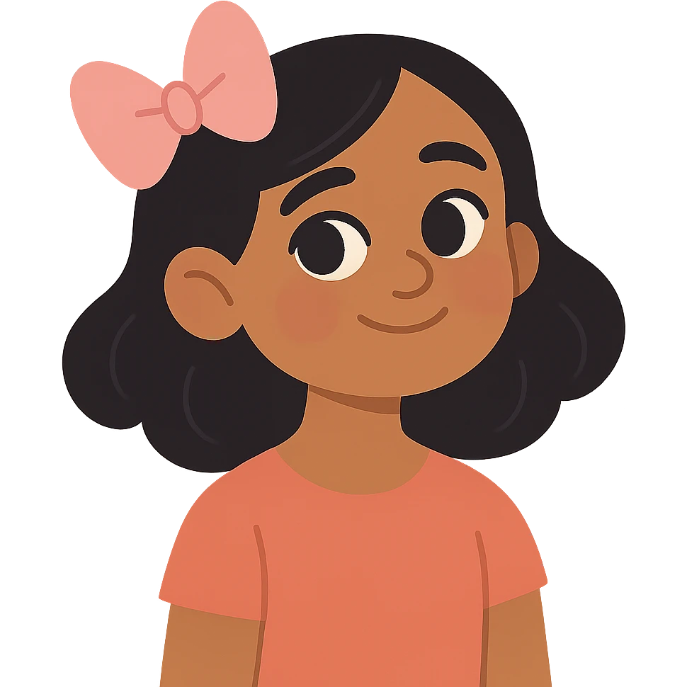 aesthetic portrait of a Sri Lankan girl with dark-ish but light skin, black hair, dark brown eyes, button nose, cute pink bow emoji