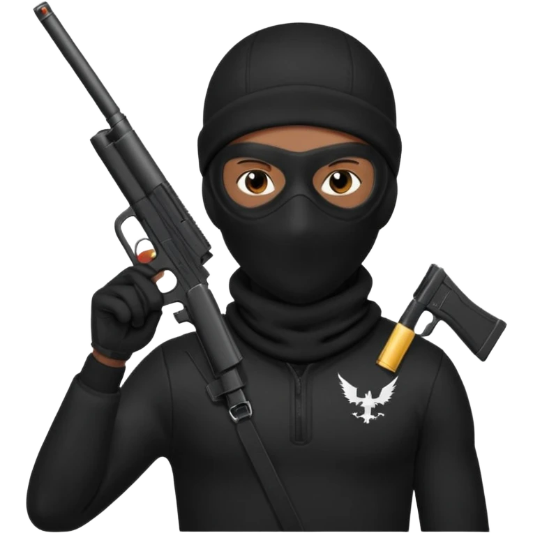 A young African male wearing a ski mask in full black clothing, holding a micro Draco gun in the air carelessly emoji