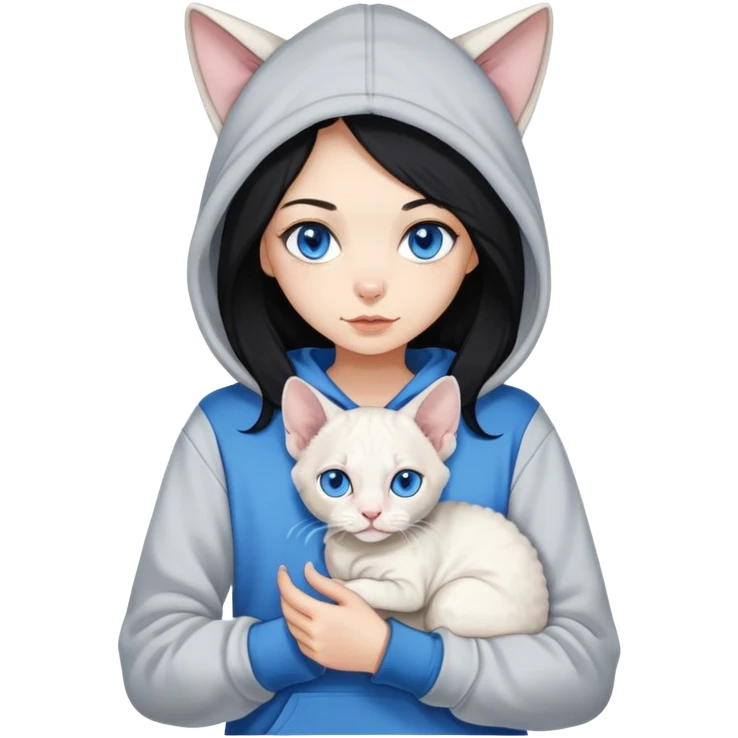 A girl with long back hair wearing a hoodie holding a white Devon Rex cat with blue eyes emoji