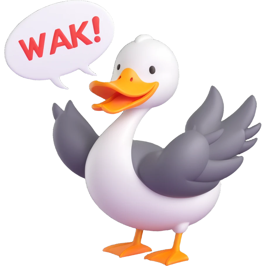 A cartoon-style duck with its beak open, inside a speech bubble it shouts “WAK!” in bold comic-style letters. Fun and expressive, white background emoji