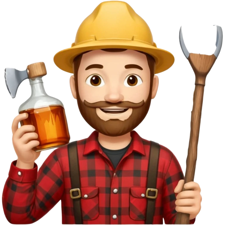 I want a Canadian lumberjack wearing a red and black plaid shirt drinking maple syrup out of the maple syrup bottle and holding a axe in the other emoji