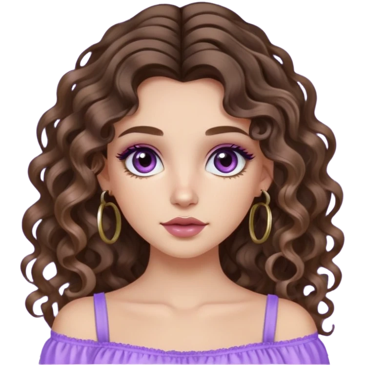 cute girl with not volominous VERY LONG curly/wavy brunette hair with balayage, brown eyes, full lips, cute makeup and hoop earrings white girl with lillactop emoji