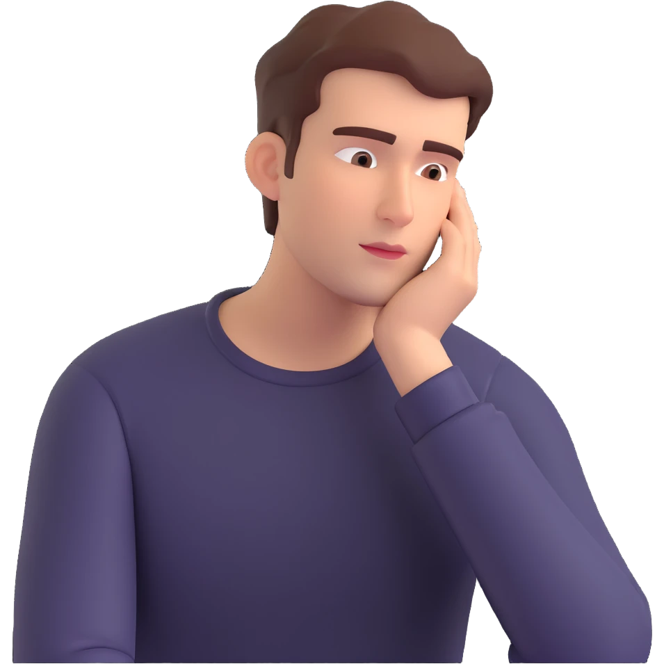 front-facing emoji-style illustration of a pensive man with one hand under his chin, looking off to the side, deep thought and curiosity, neutral or slightly serious expression, clean background emoji