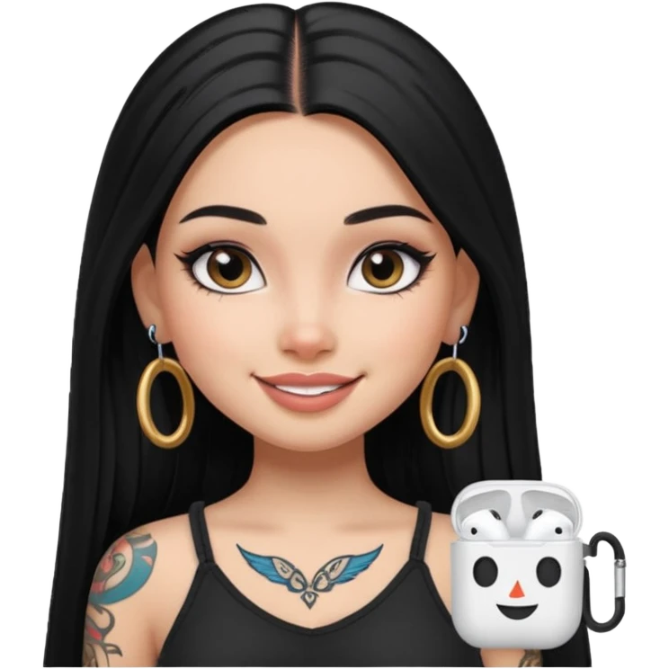generate a pretty bratz girl with black long straight hair and airpods on, tattoo on shoulder, eyeliner on emoji