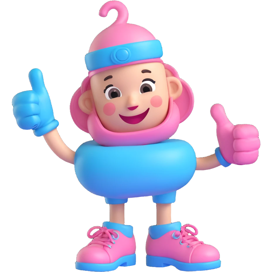 3D cartoon pacifier character, adult version, winking and giving a thumbs up, gloved hands, shoes, baby blue and pink color scheme, transparent background. emoji