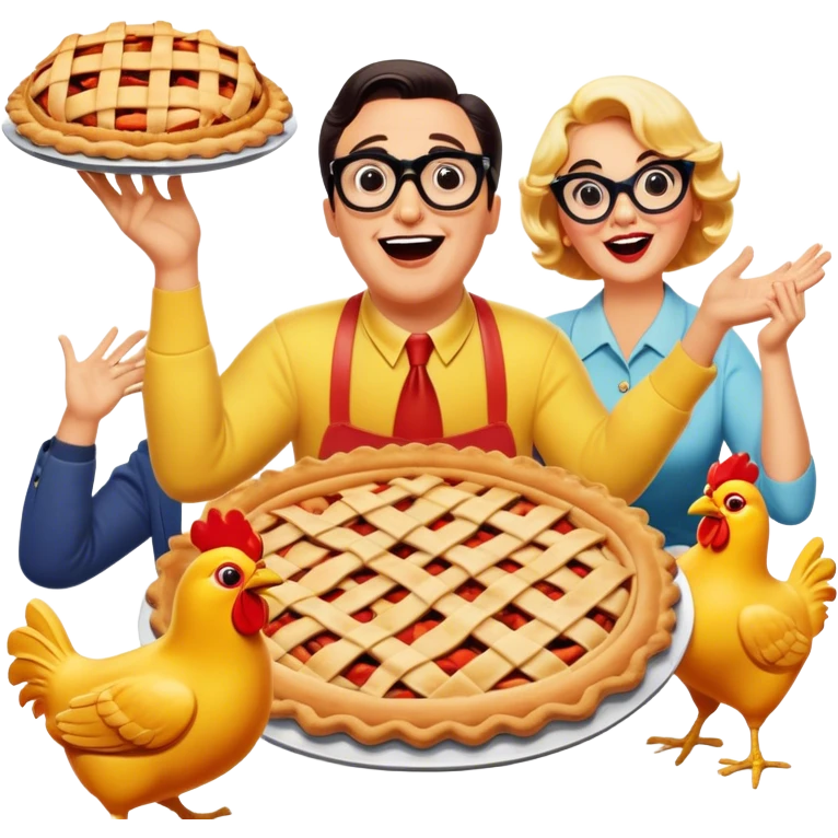 A vintage movie poster-style design featuring a playful, humorous scene with exaggerated characters. Include bright colors, clumsy actions, and classic comedy props like pies, rubber chickens, and oversized glasses. Retro cinematic vibe with a cheerful atmosphere. Transparent background. emoji