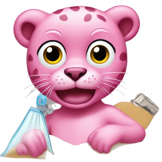 Pink panther holding a clear zip lock bag with sand in it  emoji