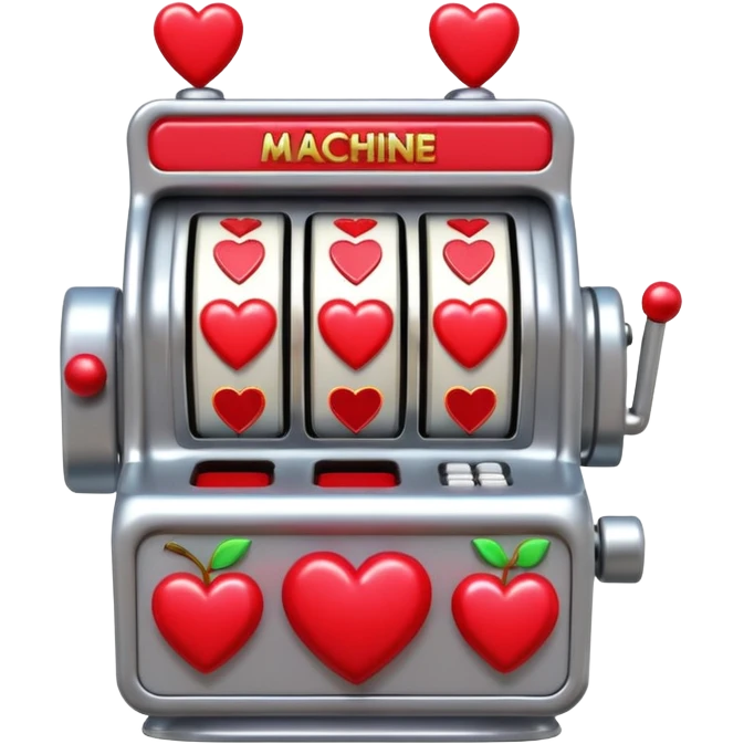 A 3D cartoon slot machine showing hearts and cherries, shiny metallic finish, Memoji-style realism. emoji