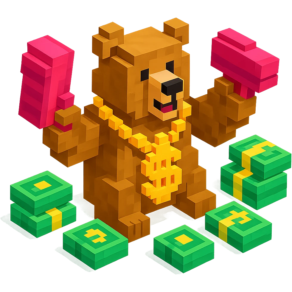 Russian grizzly bear with a rapper chain and a money gun, surrounded by stacks of money emoji