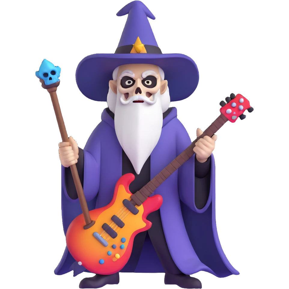 wizard with electric guitar staff, heavy metal, skull decorations emoji