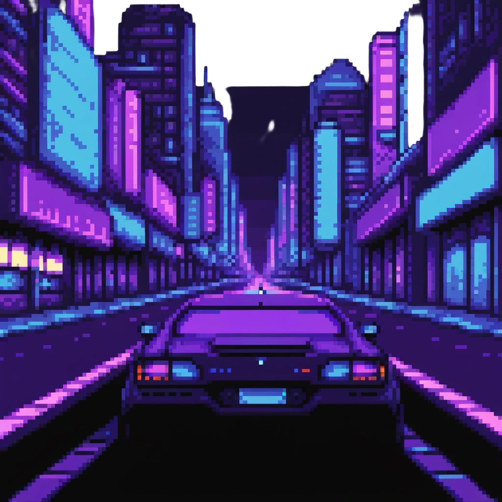 car driving through neon city streets at night with purple and blue lighting emoji