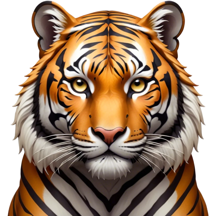 Cinematic Noble Tiger Portrait Emoji, Poised and regal, with a powerful, muscular build draped in striking, vivid stripes and intense, focused eyes, Simplified yet sharp and sophisticated features, highly detailed, glowing with a soft, wild luminescence, high shine, intelligent and majestic, stylized with an air of untamed authority, focused and commanding, soft glowing outline, capturing the essence of a watchful and confident jungle guardian that appears ready to pounce out of the screen with effortless authority! emoji
