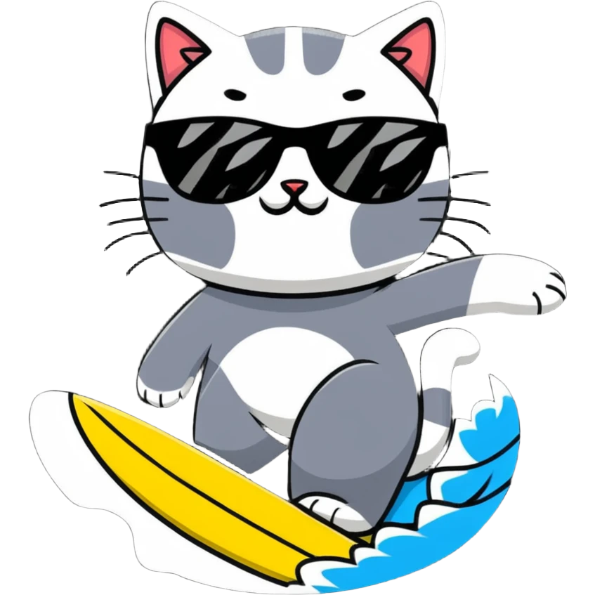 cat with sunglasses surfing a wave emoji