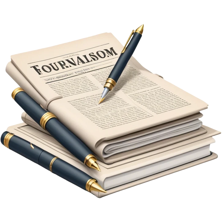 Create an emoji representing journalism and publicistic writing. The design should feature a stack of newspapers, an open notebook, and a single classic fountain pen placed on top of the notebook, symbolizing the act of writing. The scene should convey a sense of professionalism and thoughtful analysis. Use a neutral and professional color palette, with black, white, and muted tones. Do not include any emojis or smiley faces. Make the background transparent. emoji