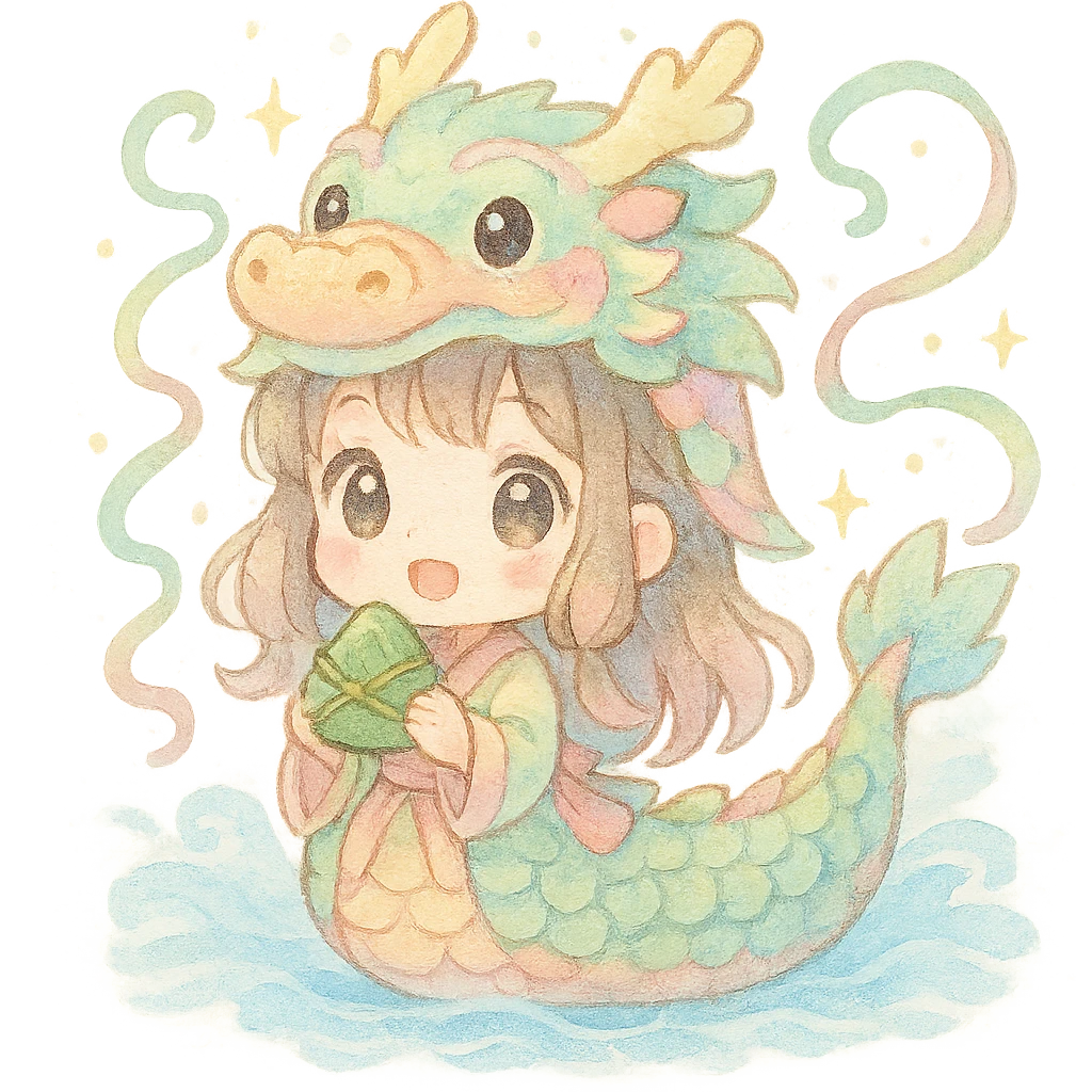 kawaii chibi girl in a pastel dragon boat costume, holding a rice dumpling, with floating ribbons, sparkles, soft waves, festive Dragon Boat Festival, soft watercolor, pastel palette, fluffy emoji