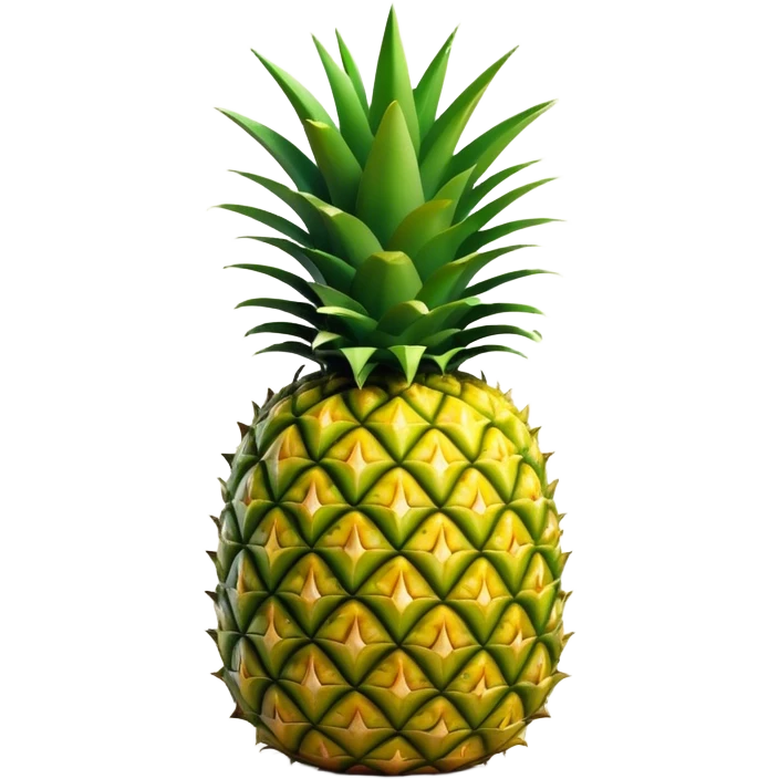 Cinematic Realistic Pineapple Emoji, Tropical and vibrant, with a golden-yellow textured skin and a crown of spiky green leaves on top. The body of the fruit is sharply geometric, its surface rich with natural patterns. Soft glowing outline, capturing the essence of exotic sweetness and tropical flair in a fresh pineapple! emoji