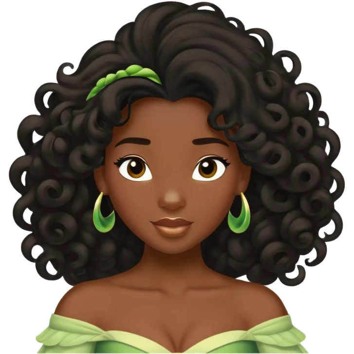 Disney Princess Tiana with extremely long black 2c-3b curly hair flowing down emoji