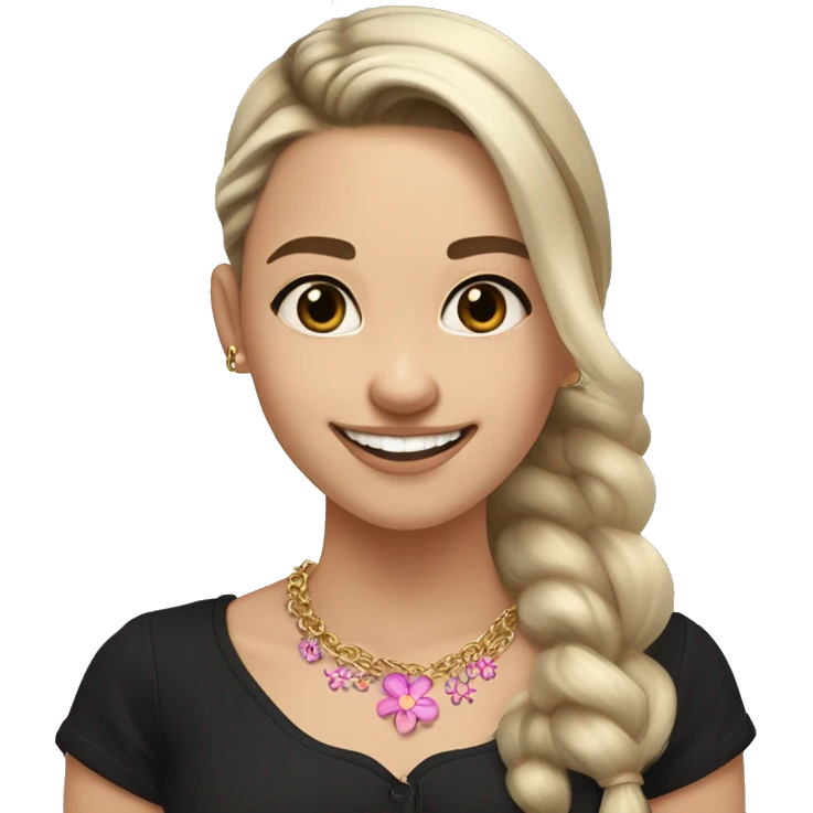Slavic girl, light skin, brown eyes, long black-to-blonde ombre straight ponytail, smiling with teeth, wearing a black blouse with a pattern of small pink flowers, a gold chain with a round pendant around her neck. emoji