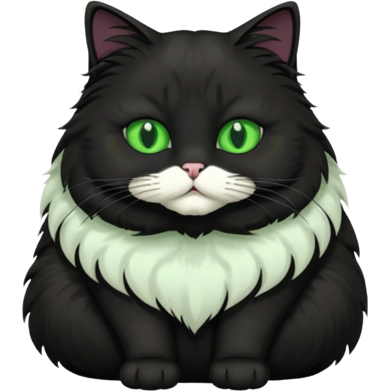 fat black long hair cat fluffy sitting with green eyes and white fur patch under face emoji